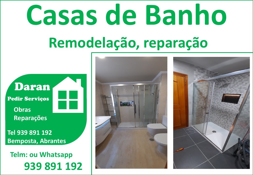 Casa de banho, Construção, reparação.
para nos contactar, ligue tel ou whatsaap 939891192

Com a remodelação de casas de banho executada pela Pedir Serviços, tem a vantagem de poder contar com o acompanhamento profissional de um Técnico, que irá elaborar uma proposta única e adequada ao espaço em questão.

A equipa de profissionais Pedir Serviços pensa em todas as questões ao pormenor, como por exemplo, a correta definição das suas necessidades de arrumação, distâncias para abrir portas e gavetas sem prejudicar a área disponível, assim como, a iluminação ideal para conferir amplitude à sua casa de banho.

Temos uma oferta bastante diversificada ao nível dos materiais de pavimentos e revestimentos, que aliados à criatividade da nossa equipa, resulta numa obra verdadeiramente surpreendente.

São inúmeros os estilos que uma casa de banho pode assumir: um espaço sóbrio, com mais ou menos cor ou um estilo, com recurso a diversos materiais. 

O nosso principal objetivo numa remodelação total, é que a casa de banho vá ao encontro do estilo e gosto pessoal de quem a utiliza. Afinal, é uma das áreas indispensáveis da casa!

Contacte-nos e solicite uma proposta de remodelação de casas de banho, sem compromisso.

Telf: ou Whatsa 939891192